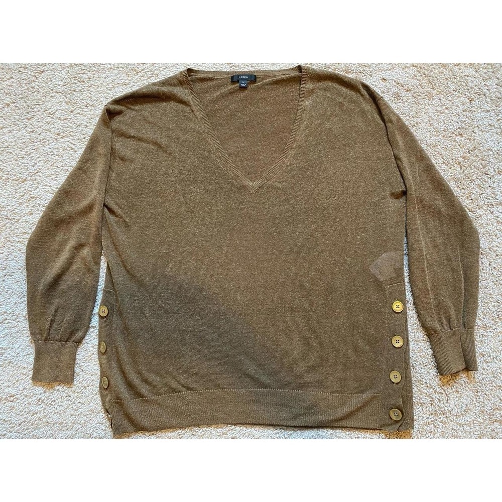 J Crew Linen Blend Lightweight Knit V Neck Shirt Button Sides Large Preppy s50